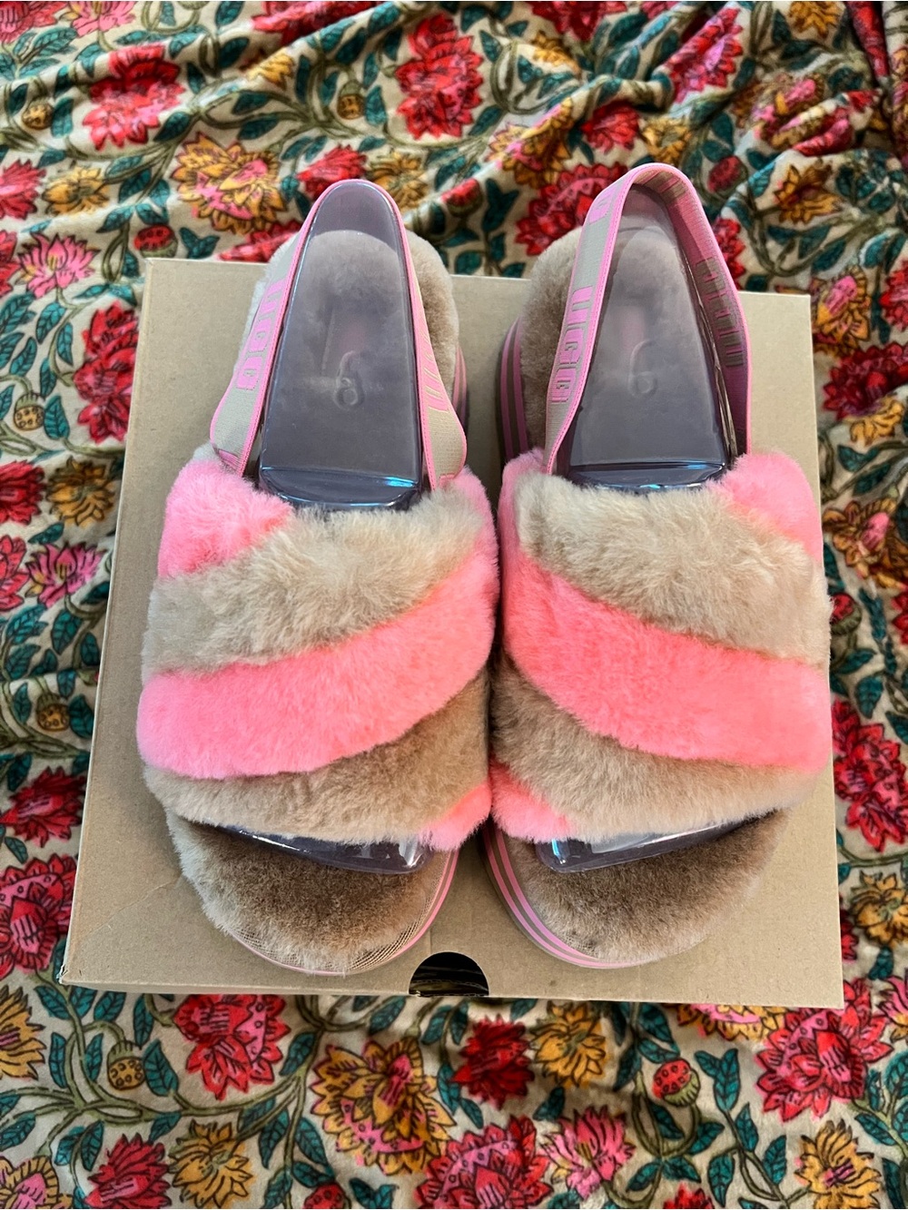 UGG Pink & Beige Plush Disco Stripe Slides